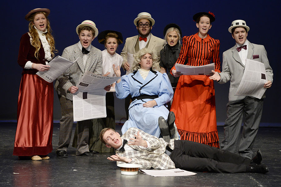 Students on stage for "A Gentleman's Guide to Love and Murder"