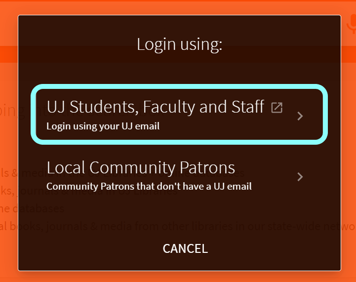 Screenshot of login options
