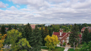 aerial photograph of Voorhees Chapel on University of Jamestown Campus.