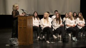 Trisha Jungels addresses sophomore nursing students