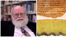 Photo of Dr. Stephen Reed with photos of the Dead Sea Scrolls