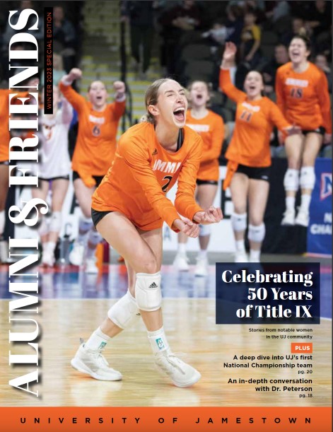 Alumni and friends Winter 2023 cover - volleyball player celebrating after victory