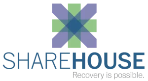 ShareHouse logo with a geometric blue and green overlapping cross design above the text 'ShareHouse' in blue and the tagline 'Recovery is possible