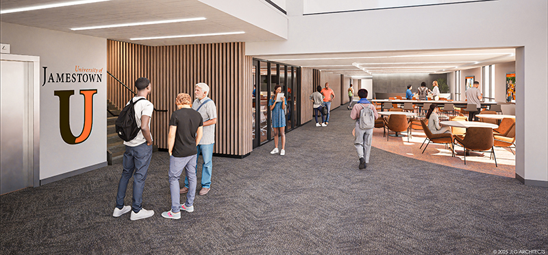 Computer-generated architectural image shows plans for renovated Student Union. There is an elevator and stairwell on the left with a few people nearby. The room has grey carpet and tan and white walls. Farther in back is a lounge with chairs and tables.