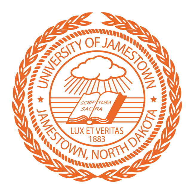 Circular seal for the University of Jamestown. Text includes the university's name and "Jamestown, North Dakota, along with the image of clouds raining on ground and a book. The book has the text "Scriptura Sacra" and beneath it is the unverisity's motto "Lux et veritas"