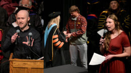 Composite showing, from left, man at lectern speaking into a microphone, another man receiving an award with a glass trophy, and a woman speaking on a microphone while holding a sheet of paper.