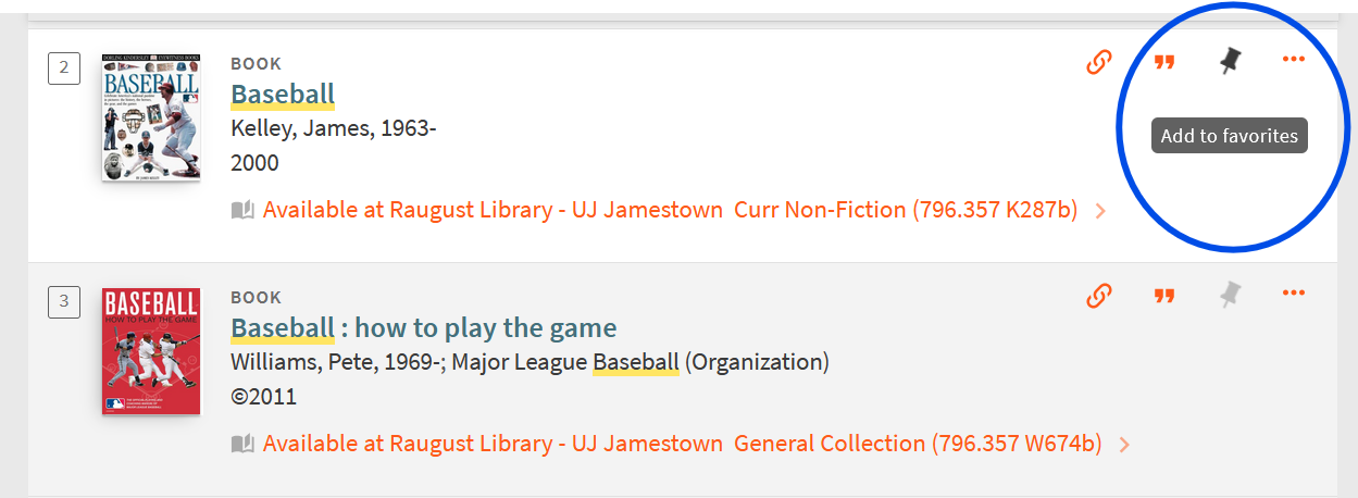 A screenshot of the library website. It highlights the button to be clicked on for adding a favorite from the catalog.
