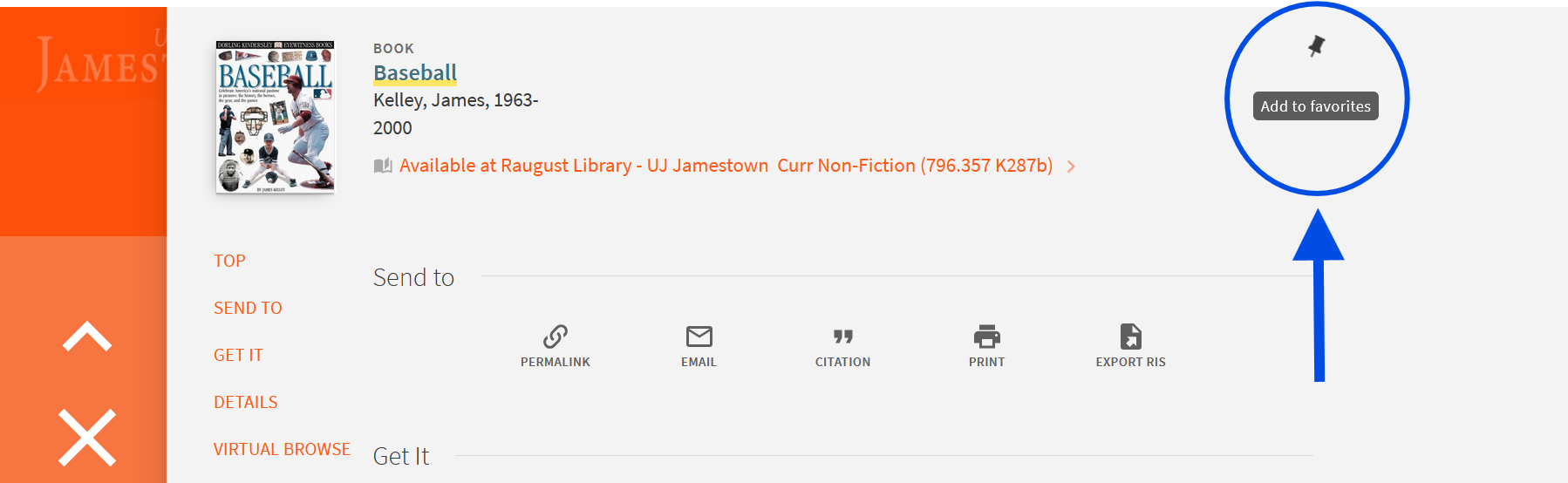 A screenshot of the library website. This picture shows a record of a library book, and demonstrates where to click to "favorite" that item.