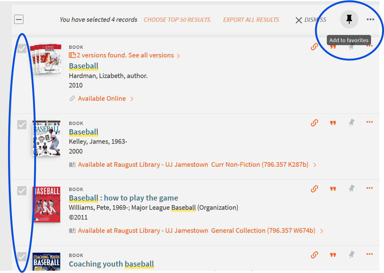 A screenshot of the library catalog. Demonstrating where to click to "favorite" multiple selected titles.