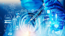 Graphic of lots of math and symbols over a person dropping fluid into a test tube.