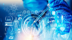 Graphic of lots of math and symbols over a person dropping fluid into a test tube.