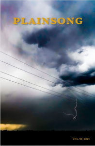 A dramatic photograph of a stormy sky. Dark, swirling clouds dominate the upper two-thirds, with a bright lightning bolt striking down towards the horizon on the right side. Horizontal power lines stretch across the sky.