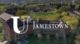 Aerial photo of college campus with white University of Jamestown Logo