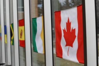 flags from different countries pictured on windows